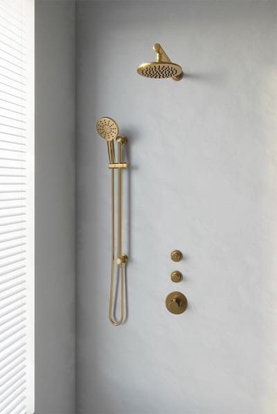 Brauer Gold Edition thermostatische inbouw regendouche SET 19 met 20 cm douchekop en rechte muurarm en 3-standen handdouche en doucheslang en geïntegreerde glijstang goud geborsteld PVD