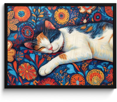 Poster in lijst - Fotolijst 70x50 cm - Posters - Kat - Bloemenpatroon - Blauw - Oranje - Posterlijst zwart - Decoratie - Wanddecoratie woonkamer - Muurdecoratie slaapkamer