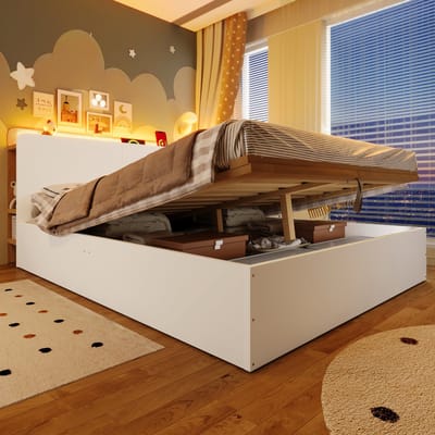 Wishdor Paneelbed - 140 x 200 cm - Hydraulische Opbergruimte - USB en Type-C - LED met Touch/App - Grenenhout - Wit/Naturel - Warm en Functioneel