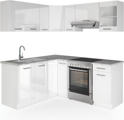 Vicco Hoekkeuken R-Line, Wit Hoogglans/Wit, 187 x 167 cm, WB Marmer