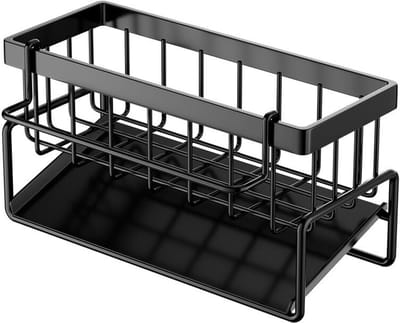 RVS gootsteen organizer - Met automatisch afvoerbakje - Sponshouder en handdoekhouder - 23x10x9cm - Geschikt voor keuken en badkamer - Zwart