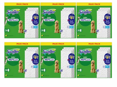 Swiffer Dry Refills Vloerdoekjes – 30 Stuks x 6 – Droge Reinigingsdoekjes – Stof, Haar & Vuil Verwijderen