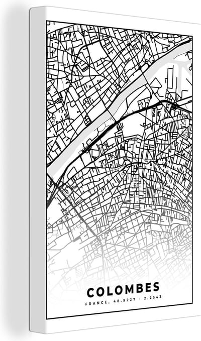 Canvas Schilderij Stadskaart - Colombes - Plattegrond - Kaart - Frankrijk - Zwart wit - 20x30 cm - Wanddecoratie