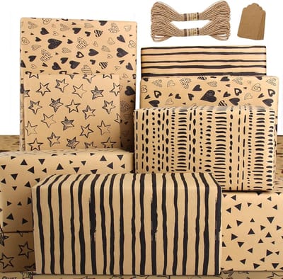 Cadeaupapier, verjaardagspapier voor vrouwen, meisjes, mannen, jongens, kinderen, kraftpapier, set met zwart en bruin gemengd patroon, als cadeau, papier voor verjaardag, bruiloft