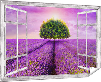 Gards Tuinposter Doorkijk Groene Boom in de Lavendel Bloemen - 180x120 cm - Tuindoek - Tuindecoratie - Wanddecoratie buiten - Tuinschilderij