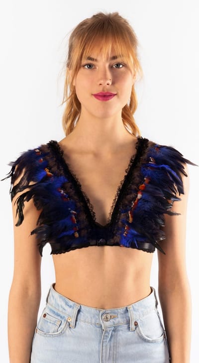 KIMU® Top met Veren Blauw Bruin - Maat XS S M - Verentop Steampunk Topje Veertjes - Hippy Rave Indianenjurkje Indiaan Ibiza Burning Man Dames Carnaval Festival