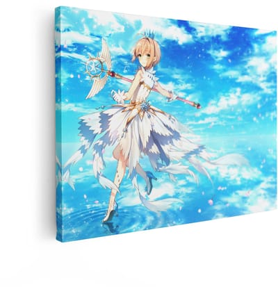 Artaza Canvas Schilderij Anime Meisje - 80x60 cm - Wanddecoratie Magische Staf - Muurdecoratie Kinderkamer - Decoratie Witte Jurk