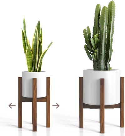 Famanu - Mid-century plantenstandaard van massief acaciahout, geschikt voor potten Ø 20–30 cm, verstelbare breedte