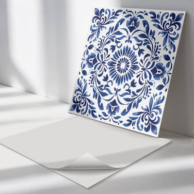 Wallfluent Vinyl Tegels - Bloemenpatroon met Ornamenten Zelfklevende Vinyltegels - 30 cm x 30 cm - Blauw Vinyl Tegels - 9 stuks - Vierkant PVC Tegels - Patroon Plaktegels - Vloer Tegels PVC - Plaktegels Keuken en Badkamer