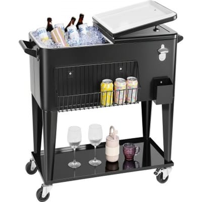 VEVOR 75,71L koelwagen voor dranken, tot 50 flessen/110 blikjes, zijwagen voor terrasfeesten en bars met onderste plank, zijmand, flesopener en deksel, drankenkoeler, zwart