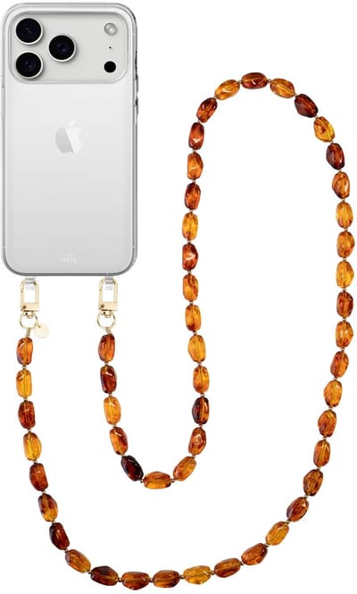 xoxo Wildhearts telefoonhoesje geschikt voor iPhone 17 Pro - Honey Flame (lang koord) - siliconen hoesje met koord - Backcover met telefoonkoord - Telefoonhanger stenen ketting - Bruin / Oranje