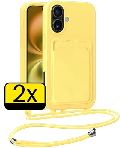 Hoesje Geschikt voor iPhone 16 Plus Telefoonhoesje Met Koord Case Pashouder Siliconen - Hoes Geschikt voor iPhone 16 Plus Hoesje Met Kaarthouder - Geel - 2 Stuks