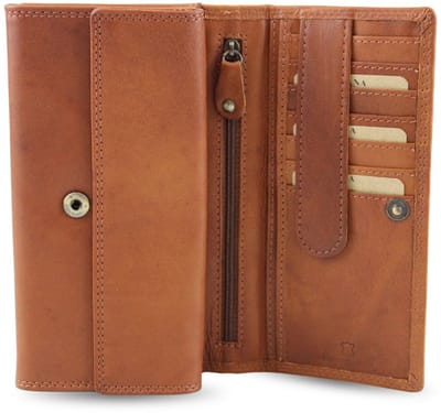 Fana Bags Leren Portemonnee Dames Cognac - Portefeuille Dames - Luxe Overslag Model Met Ritsvak - RFID - Echt Leer - Cadeau Vrouwen