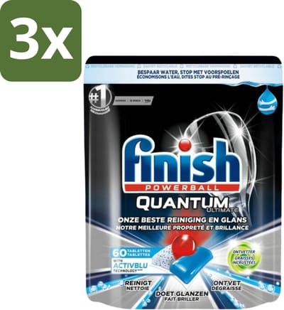 3 x Finish Powerball - Quantum Ultimate - Vaatwastabletten - Ontvetter - 60 Tabletten - Vaatwasmiddel - Vaatwastablet - Ontvetter - Vaat Reinigen - Vaatwasser