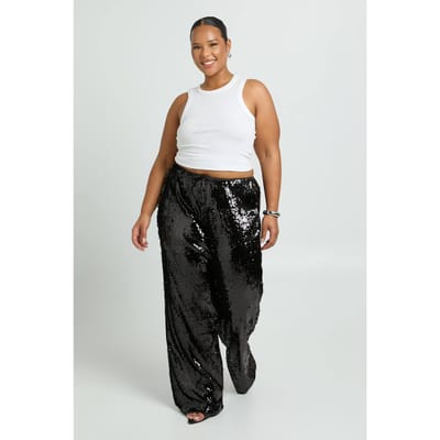 boohoo Dames Plus paillettenbroek met lage taille en een tailleband met trekkoord | Black | Maat: 16