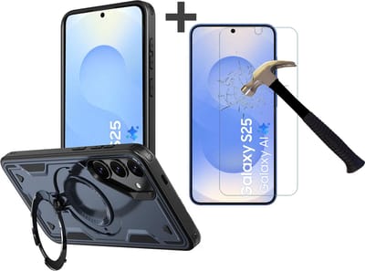 Hoesje Geschikt voor Samsung Galaxy S25 met gehard glas Screenprotector - Armor hoes met Ringhouder - Arara backcover - Navy