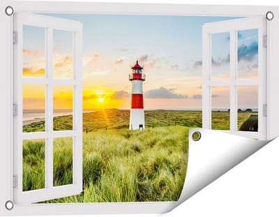 Gards Tuinposter Doorkijk Vuurtoren met Zonsopgang op een Eiland - 60x40 cm - Tuindoek - Tuindecoratie - Wanddecoratie buiten - Tuinschilderij