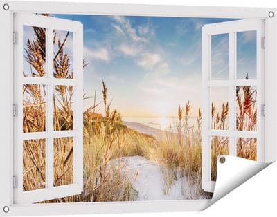 Gards Tuinposter Doorkijk Strand en Zee vanuit Duinen met Zonsondergang - 90x60 cm - Tuindoek - Tuindecoratie - Wanddecoratie buiten - Tuinschilderij