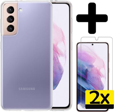 Hoesje - Met 2x Screenprotector - Geschikt voor Samsung Galaxy S21 - Sterk & Shockproof - Back Cover - Siliconen Case - Telefoon Hoes - Telefoonhoesjes - Transparant