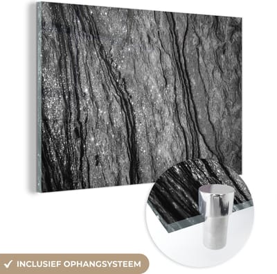 Glasschilderij zwart wit - Graniet - Steen - Zwart - Wit - 150x100 cm - Foto op glas - Decoratie woonkamer