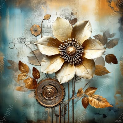 John Joseb Art (Aluminium) 60x60 | Bloemen en bladeren van metaal en tandwiel in Art Deco stijl, kunst | industrieel, vierkant, goud, bruin, blauw, grijs, modern | foto-schilderij op dibond, metaal wanddecoratie