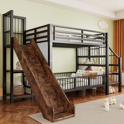 DESMIU Metalen Hoogslaper 90x200cm – Hoogslaper Met Glijbaan En Opbergtrede – Veilig Slaapcomfort Met Opbergruimte – Voor Kinderkamer – Metaal – Zwart – Zonder Matras