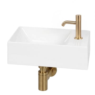 Ben Stelvio fonteinset glans wit keramiek Xtra glaze+ incl. geborsteld messing kraan rechts