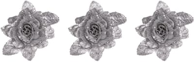 Kerstboomversiering Bloemen - 3x - 10 cm - zilver glitter - op clip - ornament - roos