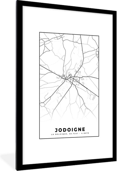Fotolijst incl. Poster Zwart Wit- Stadskaart – Zwart Wit - Kaart – Jodoigne – België – Plattegrond - 80x120 cm - Posterlijst