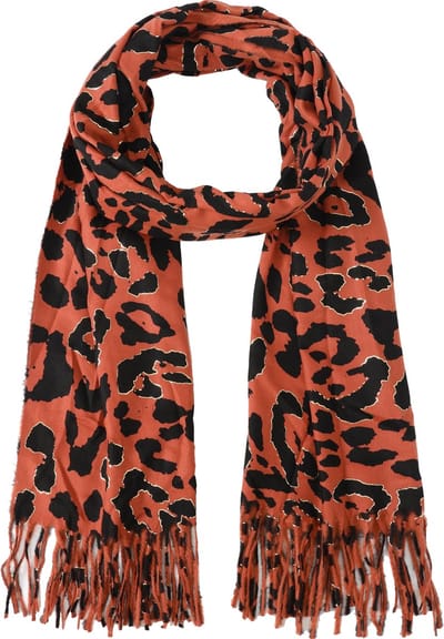 Nouka Oranje Dames Sjaal– Warme & Lichte Sjaal – Panterprint– Herfst / Winter – met Franjes – 70 x 180 cm