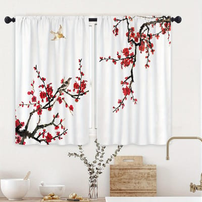 Rideaux Fenêtre Ouverte Floraux idéaux pour Cuisine Fleur de Cerisier Courts Café Chambre Bureau Salon Bureau Décoration Maison 2 Pièces 70x150cm(27.5x59inch