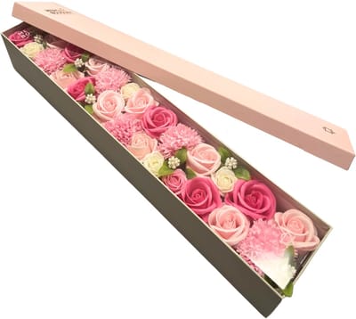 Zeepbloemen Extra Lange Doos Geschenk Set - Roze Tinten - Zeep Bloemen Roze Rozen - Cadeau Set - Zeeprozen - Zeep Rozen