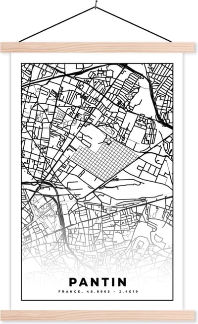 Posterhanger incl. Poster 40x60 cm - Schoolplaat - Stadskaart - Plattegrond - Pantin - Kaart - Frankrijk - Zwart wit - Textielposter - Blanke latten - Stadskaart