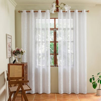 Qelus Set Van 2 Inbetween Gordijnen Linnenlook - 175GSM Vitrage met Ringen - Kant en Klaar Lichtdoorlatend & Privacy - Woonkamer - 2 Stuks - Zuiver wit - 140x213cm