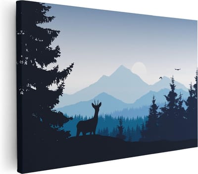 Artaza Canvas Schilderij Bergen - 30x20 cm - Klein - Wanddecoratie Bos - Muurdecoratie Hert - Kamer Accessoires Natuur - Blauw