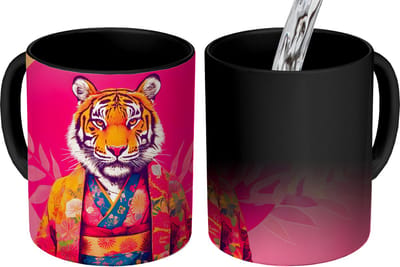 Magische Mok - Foto op Warmte Mokken - Koffiemok - Tijger - Kimono - Planten - Roze - Magic Mok - Beker - 350 ML - Theemok