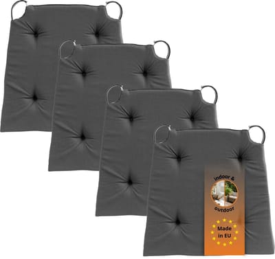 sleepling Basic 10 stoelkussenset 4-delig - stoelkussens 40x40 cm - stoelkussens buiten en binnen - stoelkussens eetkamer, stoelkussen met lint en zitkussen met klittenband - Made in EU - set van 4 - 41 (voor) / 35 (achter) x 40 x 5 cm - donkergrijs
