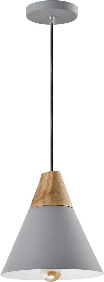 QUVIO Hanglamp Scandinavisch - Lampen - Plafondlamp - Verlichting - Keukenverlichting - Lamp - Kegellamp - E27 fitting - Voor binnen - Met 1 lichtpunt - Aluminium - Hout - D 22 cm - Grijs en lichtbruin
