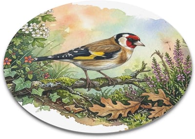 Ronde Muismat Putter Distelvink op Tak "Aquarel Series" - Kleurrijke Vogel Illustratie met Heide - Decoratieve Bureau Accessoires & Kantoorartikelen - Leuk Cadeau voor haar: Vrouw, Vriendin & Collega - Muismat Thuiswerkplek