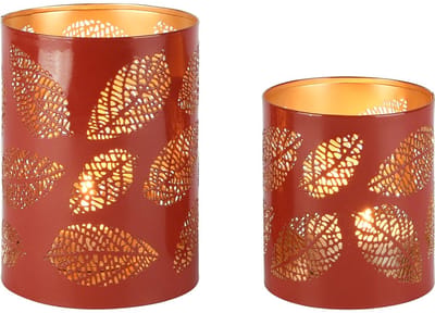 Dekoratief | Set 2 Waxinelichthouders 'Elliptical Leaves', rood/goud, metaal, 10x10x14cm | A258096