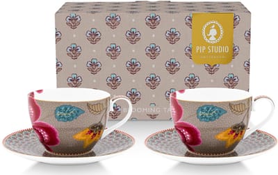 Pip studio-Kop en schotel-Blooming Tales Fantasy Khaki-Set van 2-300ml-Porselein
