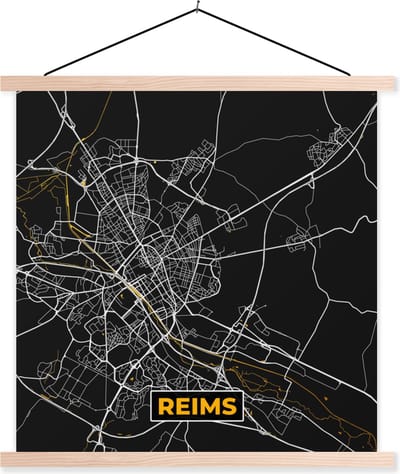 Posterhanger incl. Poster 40x40 cm - Schoolplaat - Frankrijk – Plattegrond – Reims - Stadskaart – Kaart - Textielposter - Blanke latten - Stadskaart