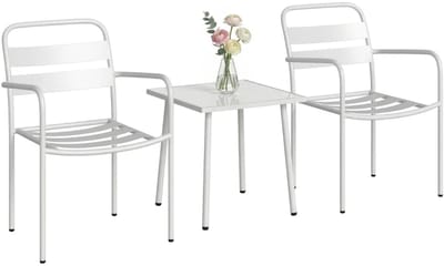 Bistroset - Tuinmeubel 3-delig - Tuinset - Balkonset voor 2 Personen - Tuinmeubelset met 2 Tuinstoelen + Glazen Tafel - Roestbestendig - Zitgroep - Meubel - Loungeset - Meubelsets - voor Tuin, Balkon, Terras - Wit