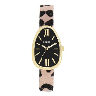 OOZOO Timepieces - Goudkleurige horloge met bruin/zwarte leren band - C11639