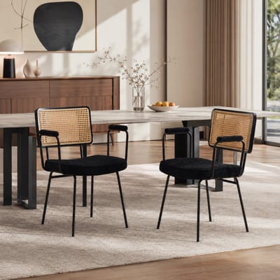 Eetkamerstoelen Set Van 2 - Eetkamerstoel - Eetkamerstoelen - Gewatteerde zitting - Massief houten frame - Met armleuningenl - Chenille - Metalen stoelpoten - Modern Design - Zwart