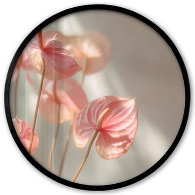 Poster in lijst Rond - Fotolijst 40x40 cm - Posters - Bloemen - Stelen - Roze - Schaduw - Ronde posterlijst zwart - Decoratie - Wanddecoratie woonkamer - Muurdecoratie slaapkamer