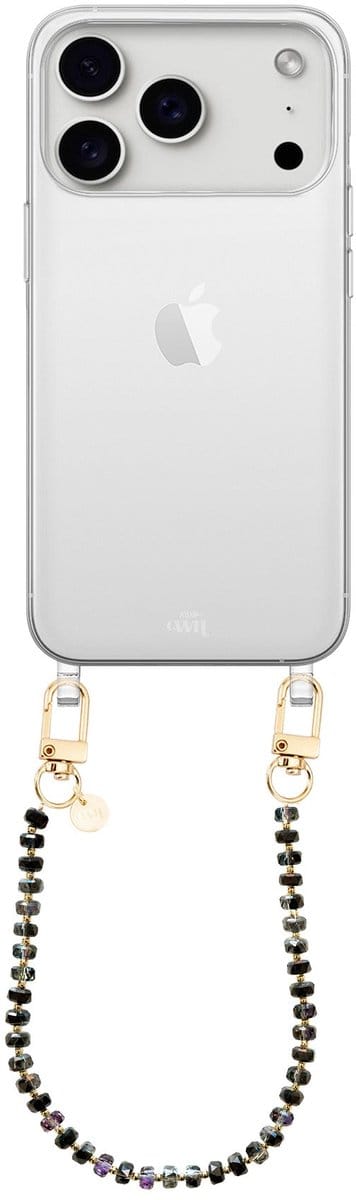 xoxo Wildhearts siliconen hoesje geschikt voor iPhone 17 Pro Max hoesje - Crystal (Zwart) - Telefoonhoesje - Hoesje met koord - Kristal ketting - Kristallen met gouden details - kort telefoonkoord - Transparant hoesje