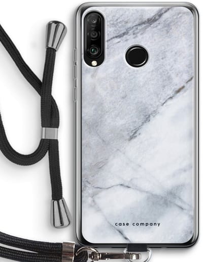 Case Company® - Hoesje met koord geschikt voor Huawei P30 Lite hoesje met Koord - Witte marmer - Telefoonhoesje met Zwart Koord - Bescherming aan alle Kanten en Over de Schermrand