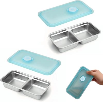 VHV - Vershoudbakjes - Snackdoosjes - Lunchbox - RVS lunchbox - Set van 2 - Roestvrij staal - Lekvrij - Met 2 vakken - Voor school, werk en onderweg - Blauw
