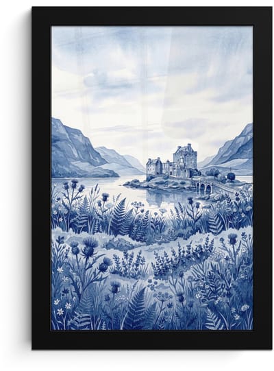 Poster in lijst - Fotolijst 20x30 cm - Posters - Schots - Kasteel - Blauw - Aquarel - Posterlijst zwart - Decoratie - Wanddecoratie woonkamer - Muurdecoratie slaapkamer